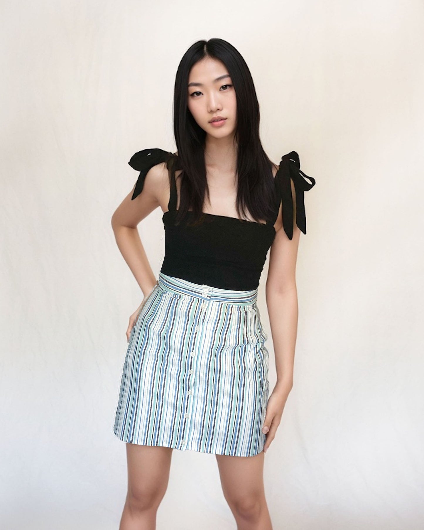 Ethical and sustainable clothing made in Canada - Pros and Cons Apparel. Striped high waisted mini skirt. Button up short Skirt