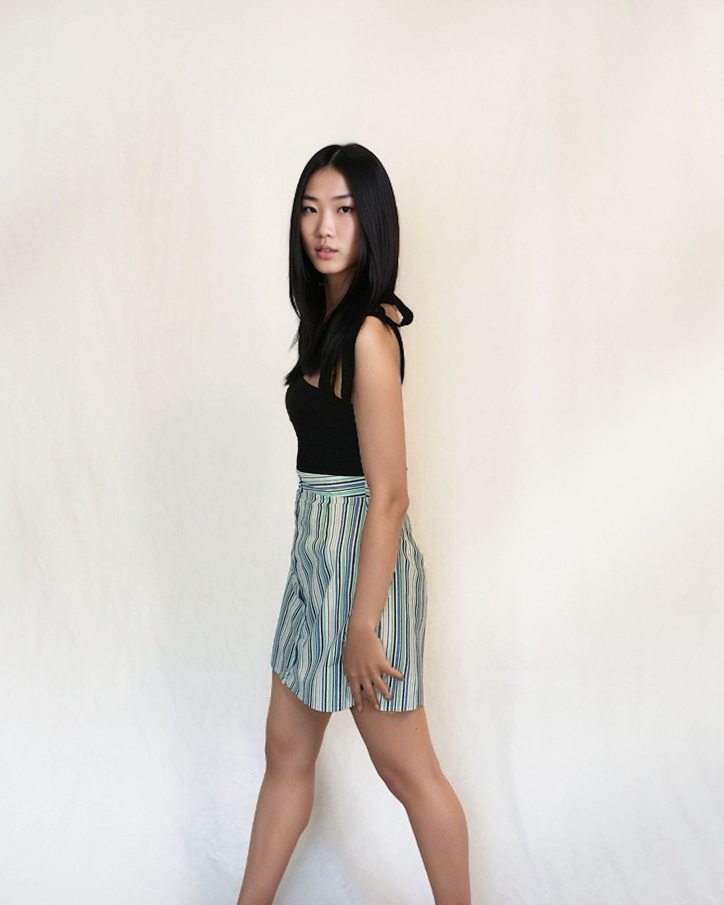 Ethical and sustainable clothing made in Canada - Pros and Cons Apparel. Striped high waisted mini skirt. Button up short Skirt