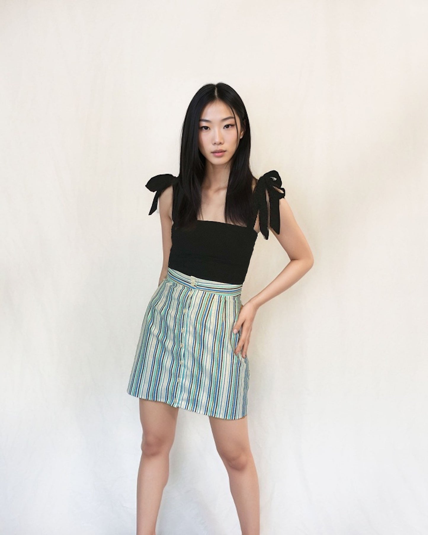 Ethical and sustainable clothing made in Canada - Pros and Cons Apparel. Striped high waisted mini skirt. Button up short Skirt