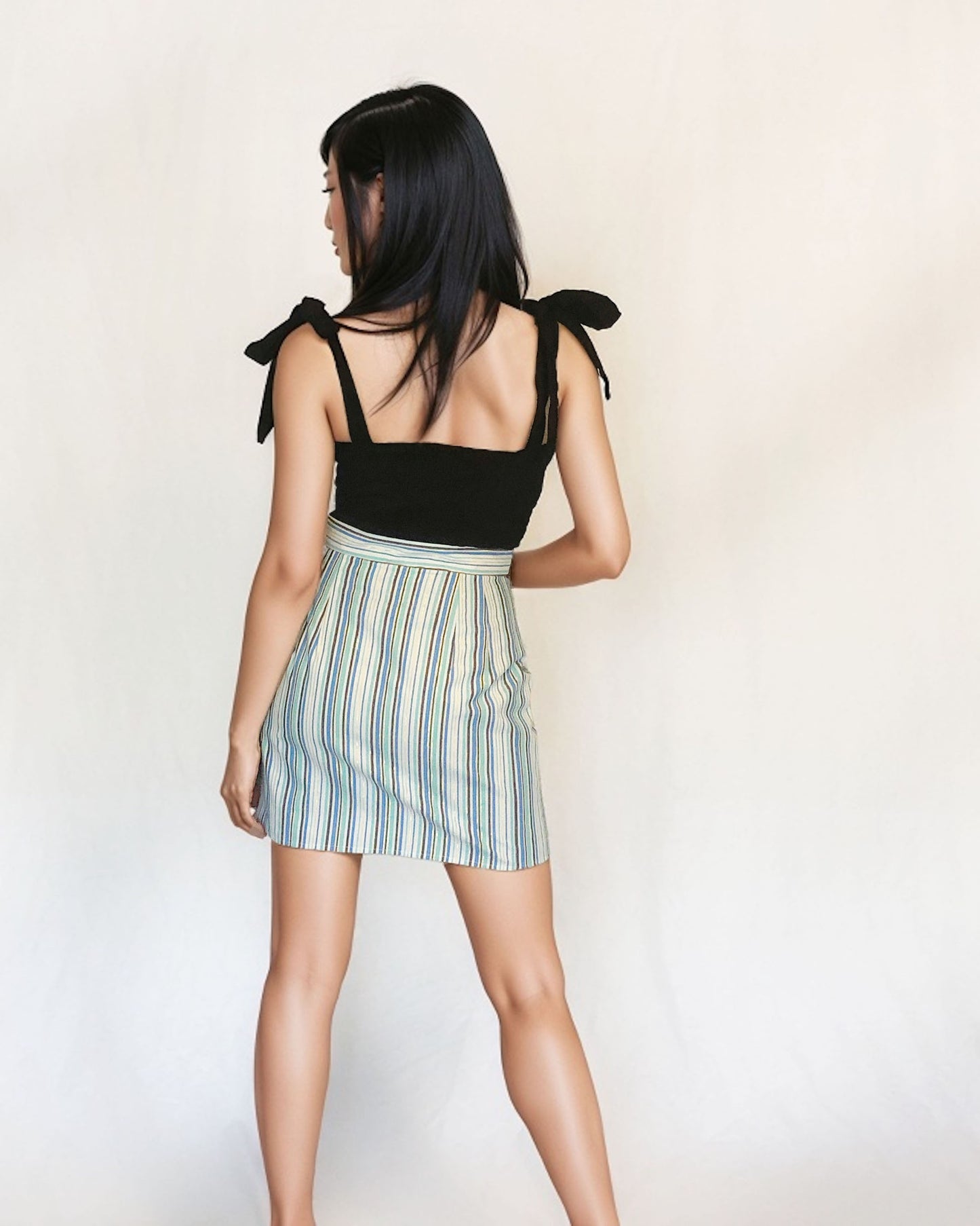 Ethical and sustainable clothing made in Canada - Pros and Cons Apparel. Striped high waisted mini skirt. Button up short Skirt